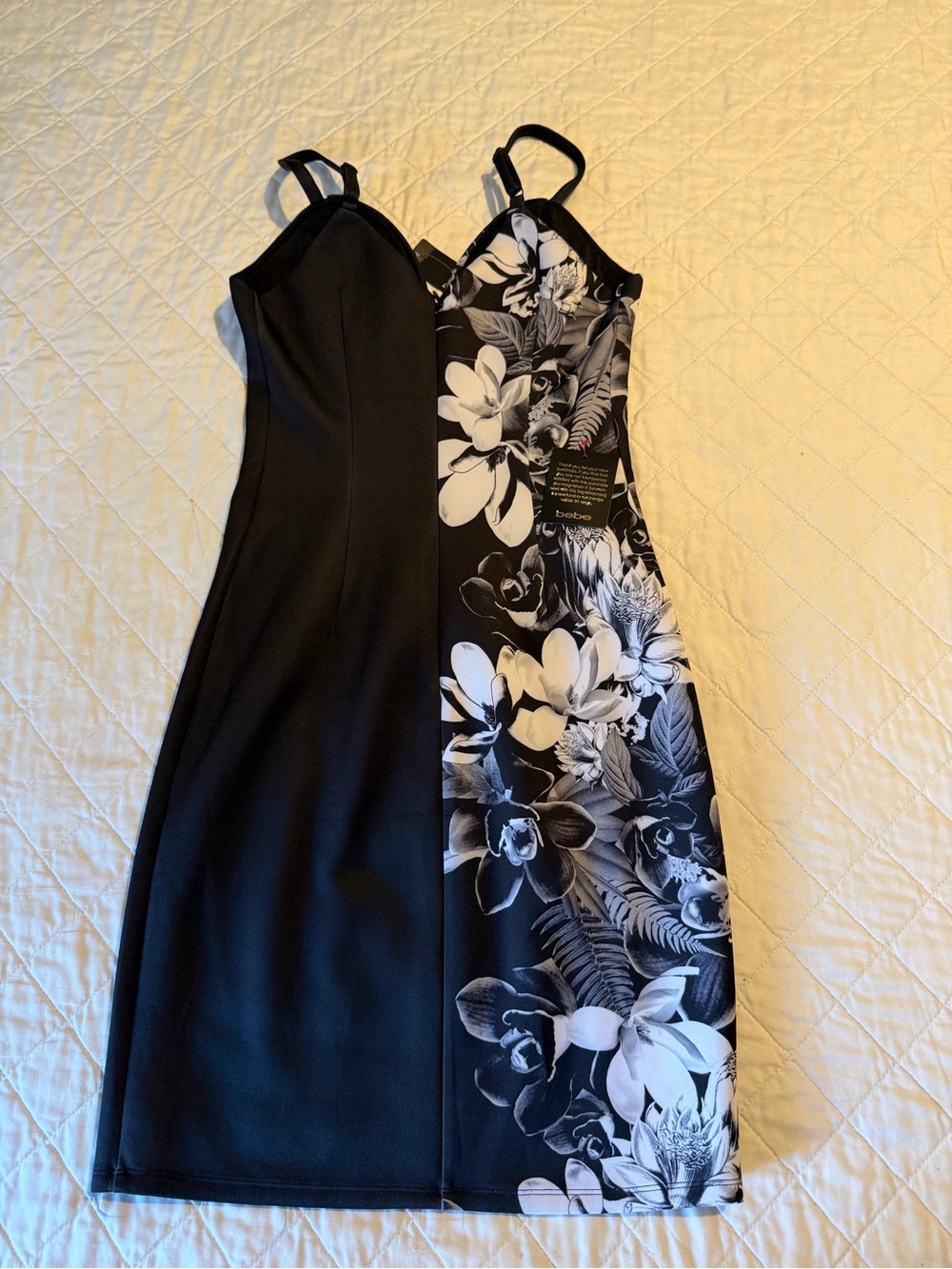 bebe Black & White Floral Panel Midi Dress
